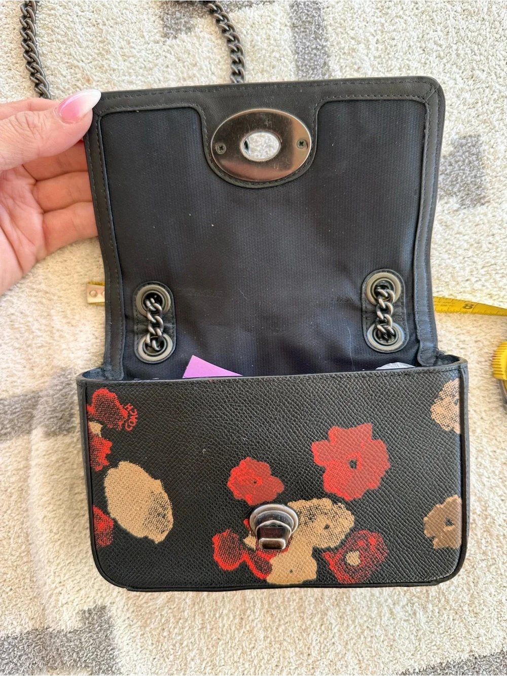 Coach Black Floral Mini Crossbody with Red Jewel Accents